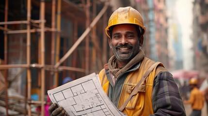 Sticker - Blueprint for Progress: A cheerful construction worker in a vibrant city, confidently holding blueprints, embodies the spirit of building the future. 