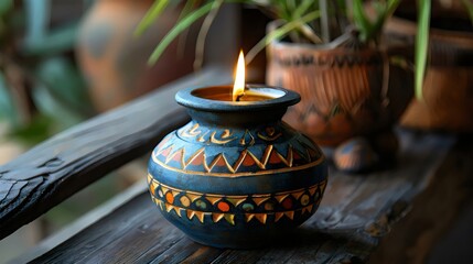 Wall Mural - A blue vase with a candle inside it sits on a wooden table