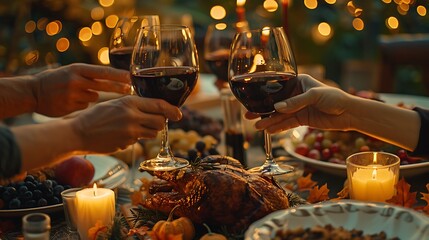 Poster - An intimate family Thanksgiving dinner, everyone raising their wine glasses in a toast, a table set with a variety of festive foods, autumn leaves and candles as decorations,