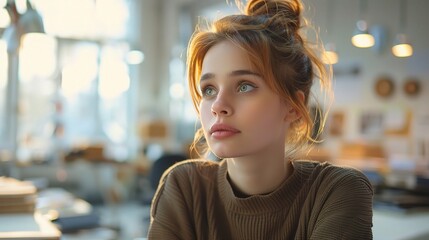 Wall Mural - Thoughtful Gaze: A young woman with auburn hair in a messy bun, lost in contemplation, gazing into the distance. 