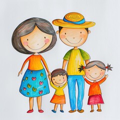 Wall Mural - Family with children, colorful children's drawing,