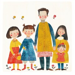 Wall Mural - Family with children, colorful children's drawing,