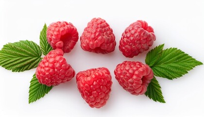 Wall Mural - seven ripe raspberries arranged in a circle with leaves isolated on a white background