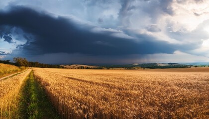 Wall Mural - panoramic of thunderstorm over a field ai generative