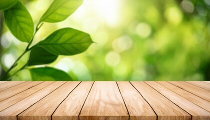 Wall Mural - wood table top on blur green leaf background