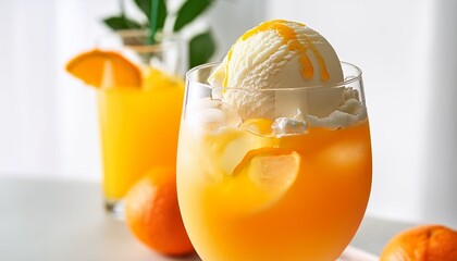 Wall Mural - a vibrant orange creamsicle float in a tall glass with creamy vanilla ice cream melting into tangy orange soda