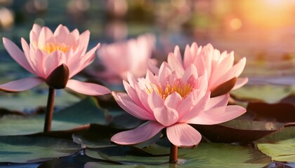 Wall Mural - beautiful pink lotus or water lily flowers blooming on pond