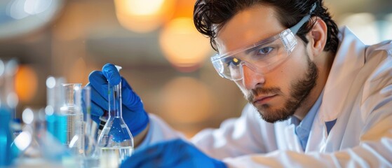 Wall Mural - A scientist carefully examines a liquid in a flask. AI.