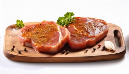 Wall Mural - marinated raw pork steaks on cutting board