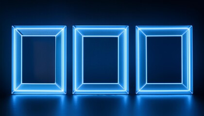 Wall Mural - three blue neon glowing blank picture frames on dark navy background