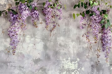 Beautiful lilac branches on the old grey vintage background. Lilac flowers. Blooming lilac. Floral background in loft, modern style. Design for wall mural, card, postcard, wallpaper, Generative AI