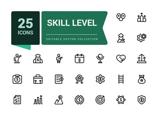 Skill level icon set. Related to expert, success. Minimal outline icons pack. Editable vector line icon set and illustration for web and UI application.