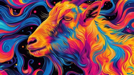 Wall Mural -   A vibrant depiction of a sheep's visage against a dark backdrop, featuring intricate swirls and celestial bodies