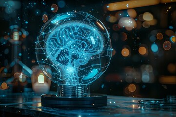 Wall Mural - Transparent brain light bulb in a high tech laboratory highlighting advanced technology and creative innovation.