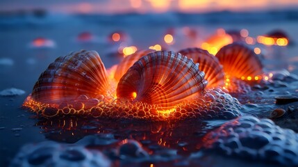 A group of shells are lit up with a warm glow