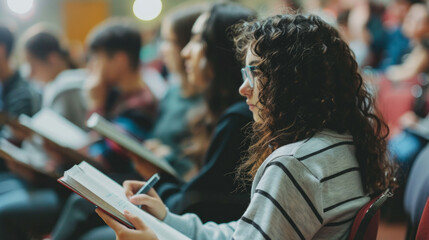 Students engaged in note-taking during an interactive lecture at university auditorium