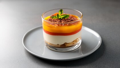 Wall Mural - layered dessert served in a glass on a plate on gray desk