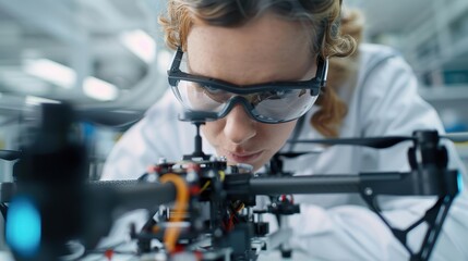 Wall Mural - a researcher wearing lab attire is carefully inspecting a drone in a modern laboratory setting, emph