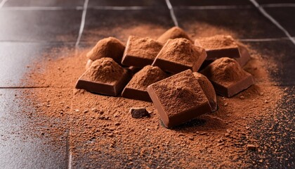 Poster - chocolates with cocoa powder on dark tile surface