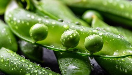 Wall Mural - macro shot of green sugar snap peas with water drops green pea beans vegetables close up food photography