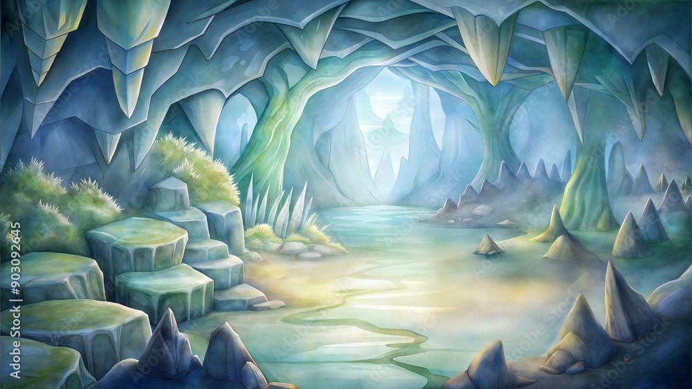 Watercolor dragon cave with river running through it. Cave is filled ...