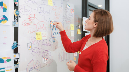 Professional attractive female leader presents creative marketing plan by using brainstorming mind mapping statistic graph and colorful sticky note at modern business meeting room. Immaculate.