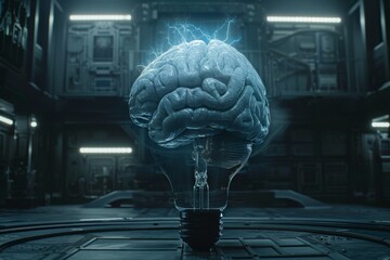 Poster - Brain light bulb in a futuristic lab showcasing advanced technology and creative innovation.