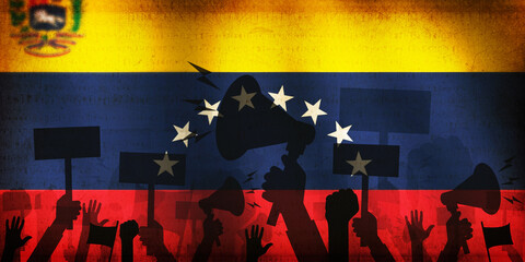 People protesting in Venezuela with waving flag in the backdrop of design. Venezuela protest concept background 