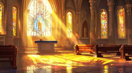 Beautiful church interior with stained glass windows, sun rays streaming through the window and illuminating the floor, creating vibrant colors on it.