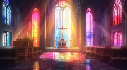 Beautiful church interior with stained glass windows, sun rays streaming through the window and illuminating the floor, creating vibrant colors on it.