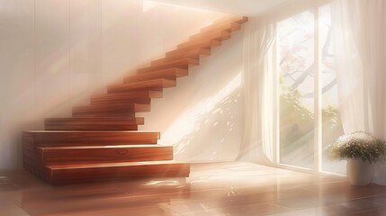 Poster -   Wooden stairs adjacent to a window with potted plants on either side