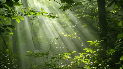 Lush foliage in a dense forest, sunlight streaming through the canopy and creating patterns of light and shadow