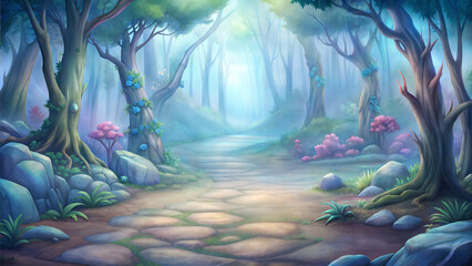 Watercolor painting of enchanted forest scene with path leading through it. Path is made of stones and there are trees on either side. Background for the game