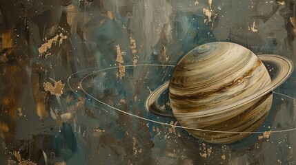   A painting of Saturn in a glass bowl on a blue and brown background