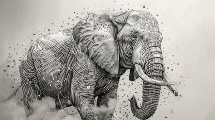 Poster -   A black-and-white illustration depicting an elephant adorned with ivory tusks on its head