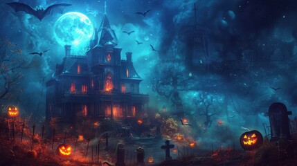 Wall Mural - a halloween background featuring a spooky night scene with a haunted house, glowing jack-o'-lanterns