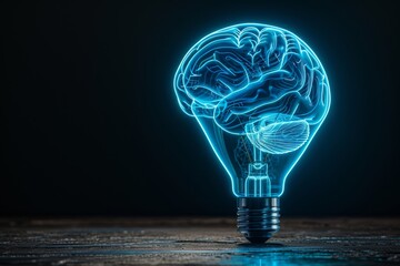 Sticker - Neon brain light bulb on a dark background highlighting futuristic ideas and creative thinking.