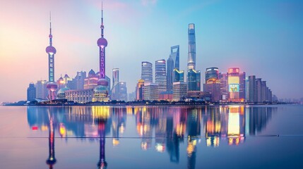Aufkleber - A vibrant city skyline with iconic skyscrapers illuminated at dusk, with lights reflecting off nearby water bodies.