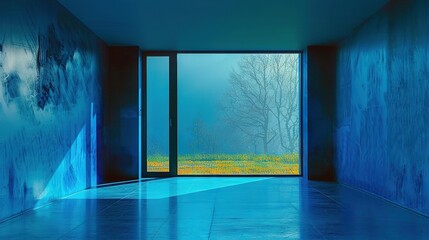 Wall Mural -   An empty room featuring blue walls and an expansive, open door that frames a picturesque view of a distant yellow flower field