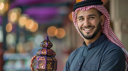 Smiling Man in Traditional Clothing Holding a Lantern