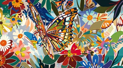 Poster -  A vibrant depiction of a butterfly soaring above a sea of flowers against a cerulean sky