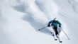 © svastix - A skier in a turquoise jacket expertly navigates through deep, fresh powder on a pristine, snow-covered slope, showcasing the thrill and skill of alpine skiing.