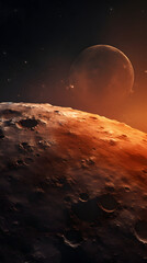 Wall Mural - a close-up view of a cratered, red-toned planet with a large moon in the background. the image is fi