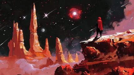 Poster -   A man stands atop a cliff, gazing upon celestial bodies in the star-studded night sky