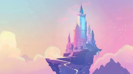 Sorcerers tower flat design side view mystical theme animation colored pastel