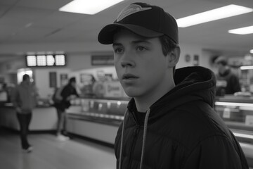 Teenager Shopping Inside Convenience Store in Black and White