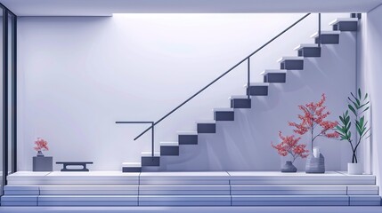 Wall Mural -   A flight of stairs ascending to a chamber adorned with a floral arrangement and a seat positioned in front