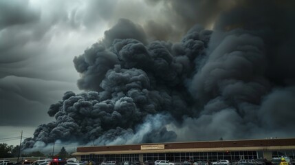 Aufkleber - Thick gray smoke billowing from a burning building, with emergency responders on the scene and darkened skies overhead.