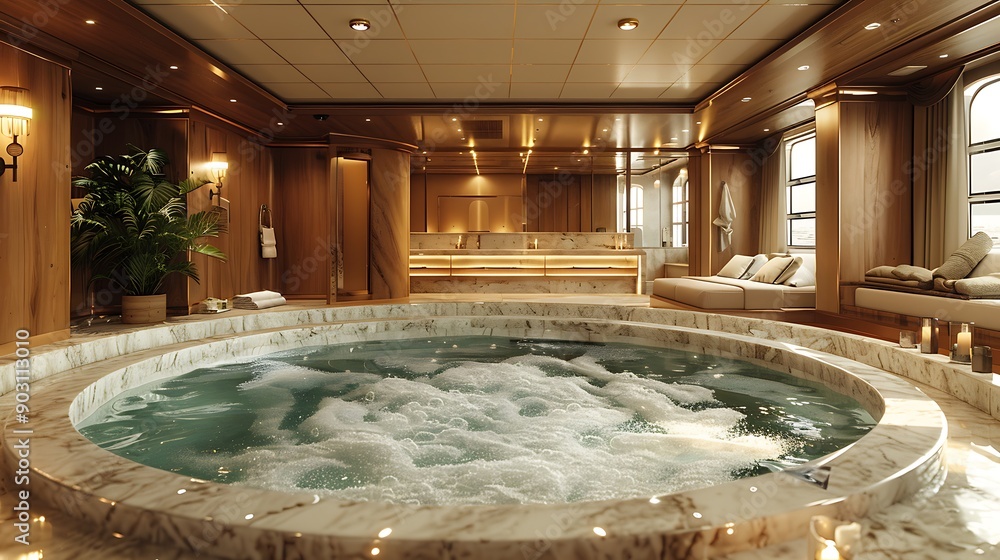 An opulent spa on a luxury cruise ship, featuring serene treatment ...