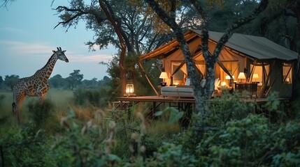 A beautiful image of a luxury safari camp, featuring elegantly furnished tents, a candlelit dinner setup under the stars, and a close-up encounter with giraffes grazing nearby, creating a perfect blen